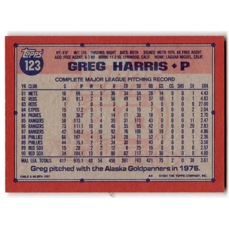 1991 Topps #123 Greg Harris NM-MT Boston Red Sox Baseball Card - Baseball Card Single