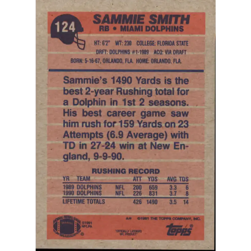 1991 Topps #124 Sammie Smith NM-MT Miami Dolphins Football Card - Football Card Single