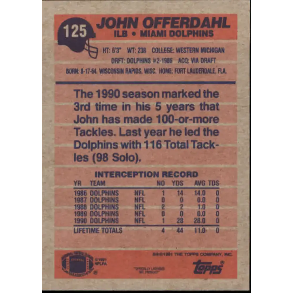 1991 Topps #125 John Offerdahl NM-MT Miami Dolphins Football Card