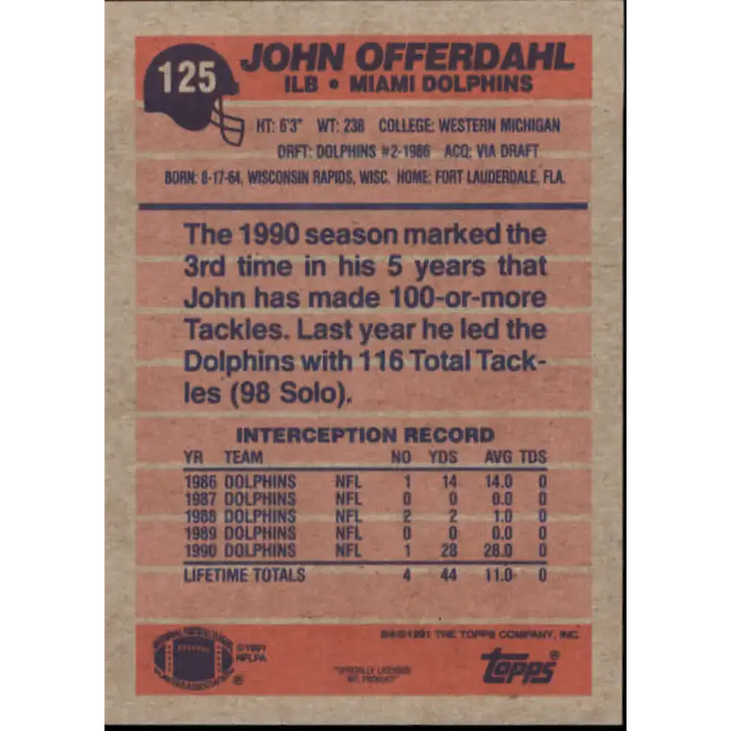 1991 Topps #125 John Offerdahl NM-MT Miami Dolphins Football Card
