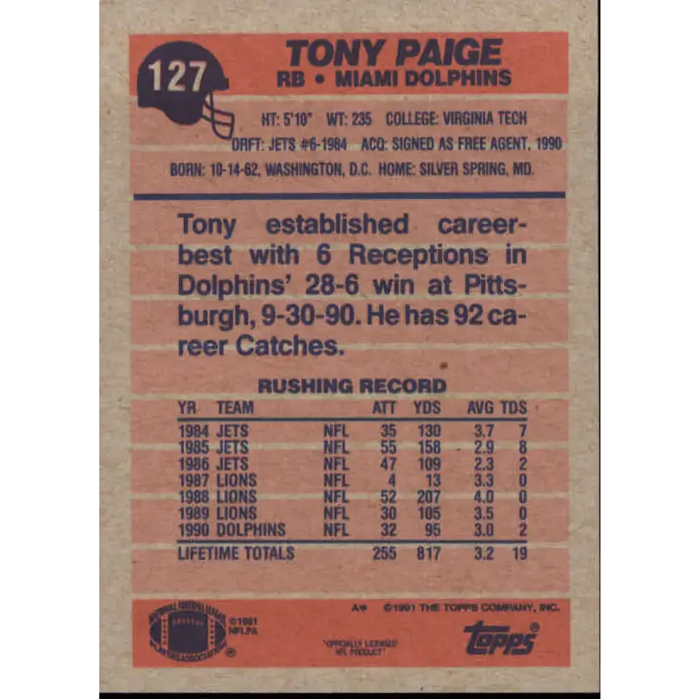 1991 Topps #127 Tony Paige NM-MT Miami Dolphins Football Card - Football Card Single