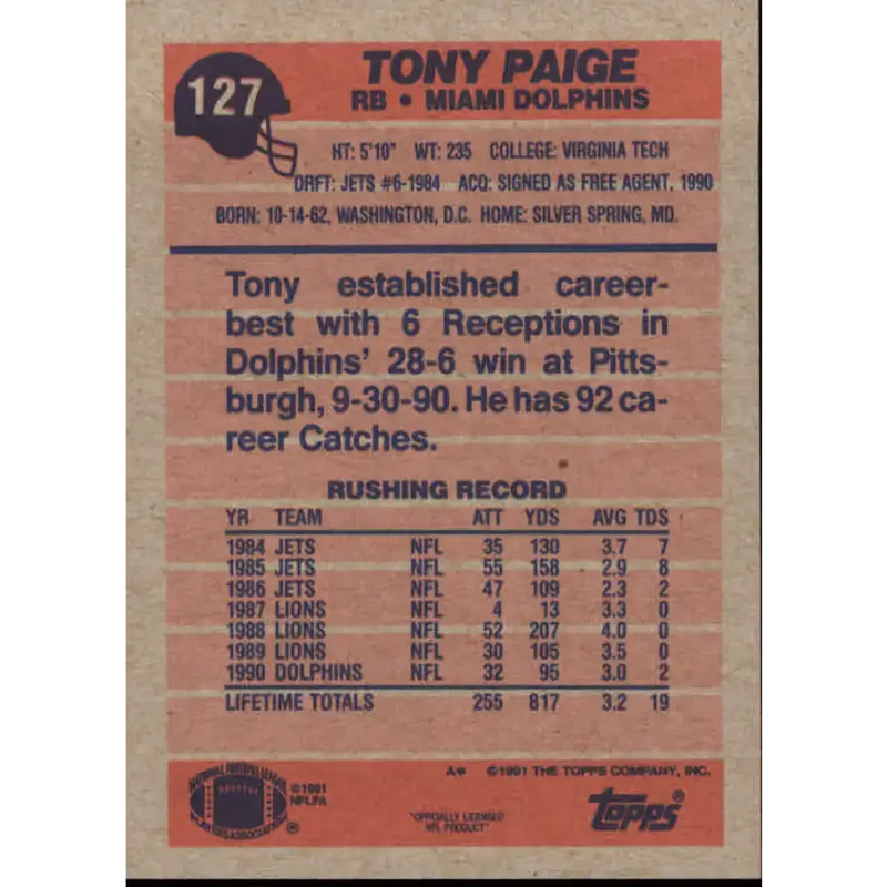 1991 Topps #127 Tony Paige NM-MT Miami Dolphins Football Card - Football Card Single