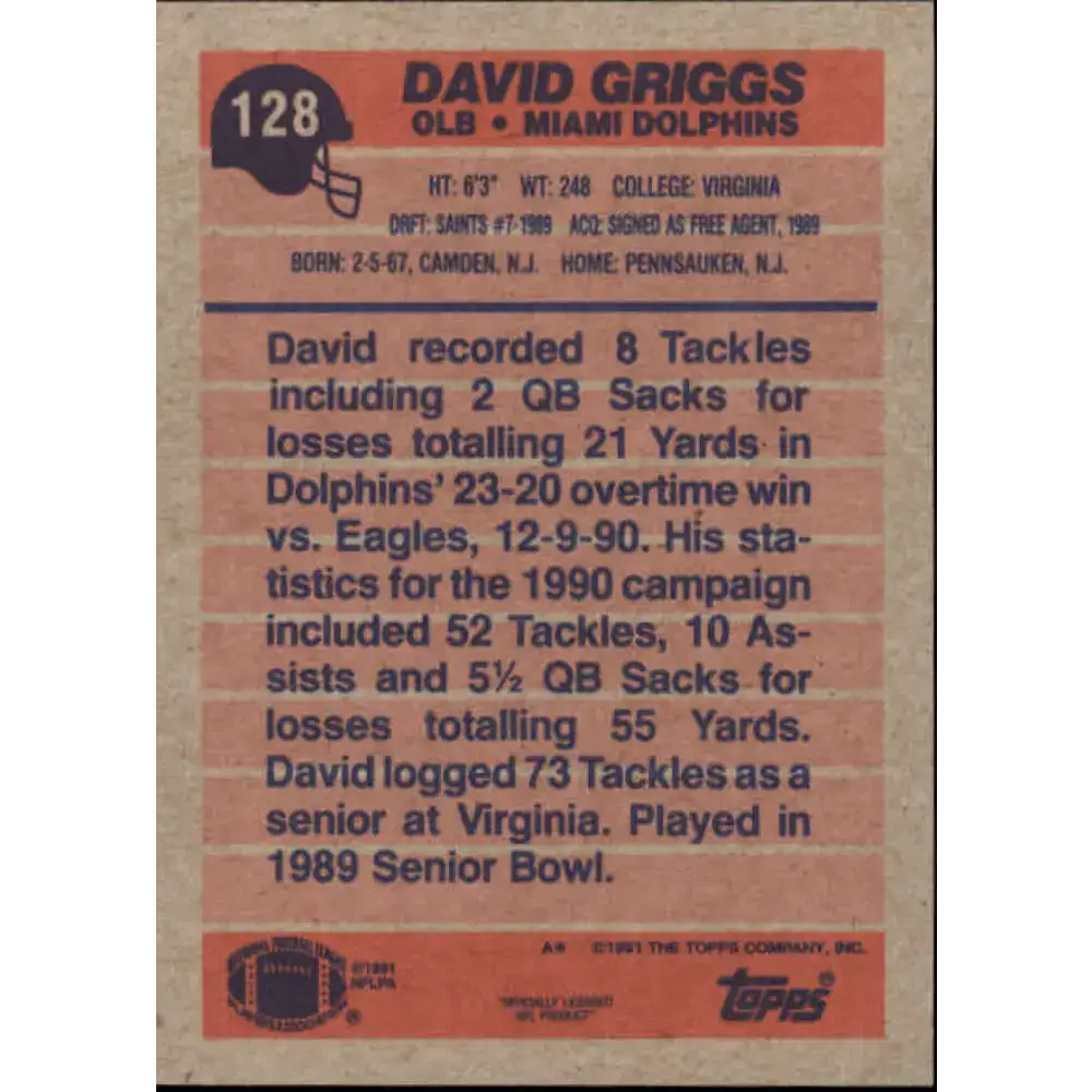 1991 Topps #128 David Griggs NM-MT Miami Dolphins Football Card - Football Card Single