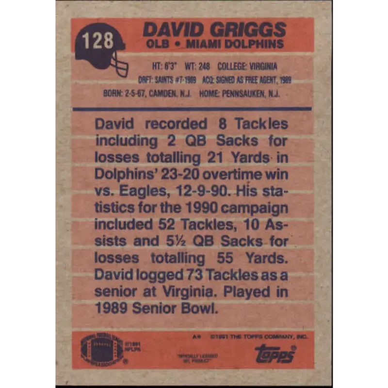 1991 Topps #128 David Griggs NM-MT Miami Dolphins Football Card - Football Card Single