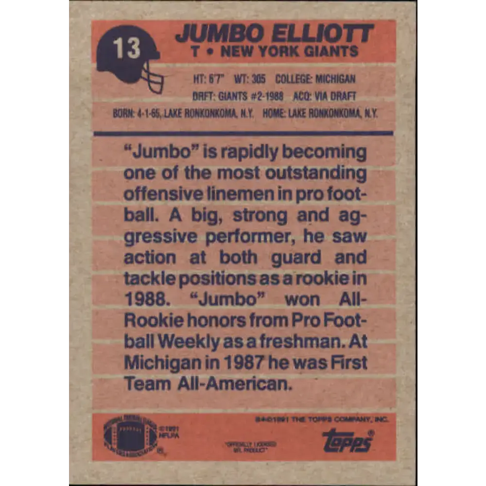 1991 Topps #13 Jumbo Elliott NM-MT New York Giants Football Card - Football Card Single