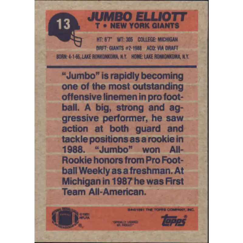 1991 Topps #13 Jumbo Elliott NM-MT New York Giants Football Card - Football Card Single