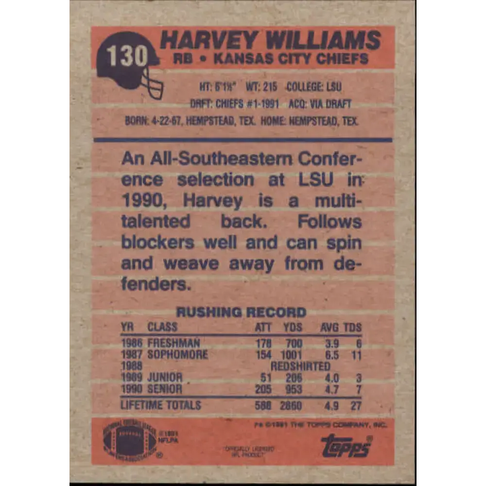 1991 Topps #130 Harvey Williams NM-MT RC Rookie Kansas City Chiefs Football Card - Football Card Single