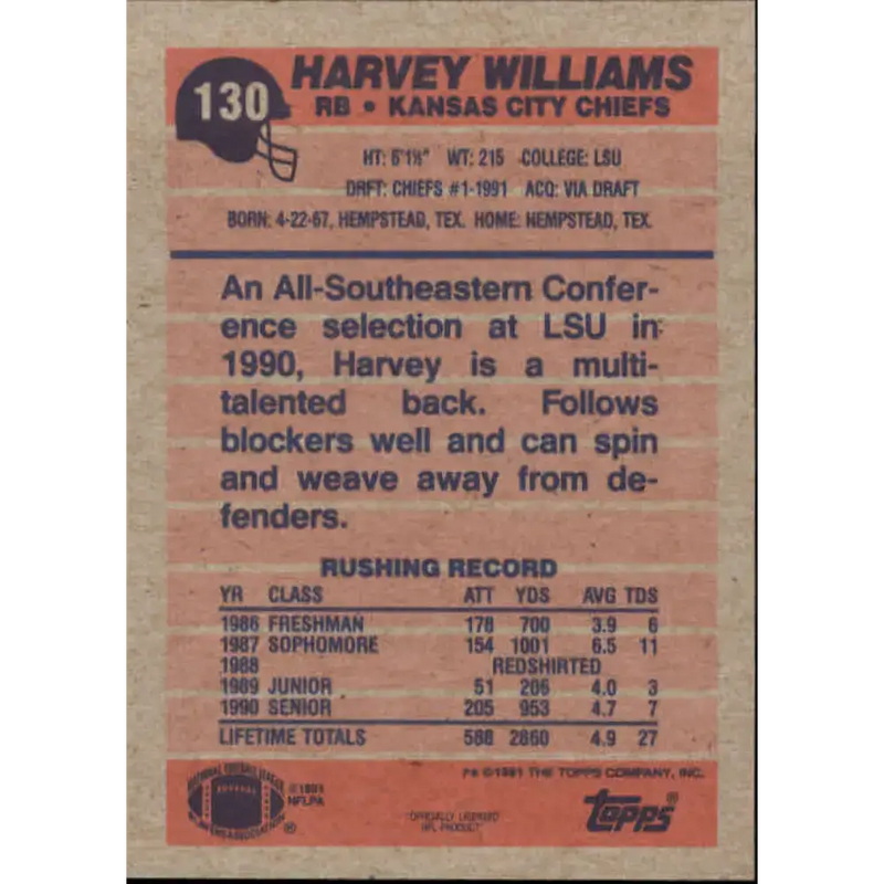 1991 Topps #130 Harvey Williams NM-MT RC Rookie Kansas City Chiefs Football Card - Football Card Single