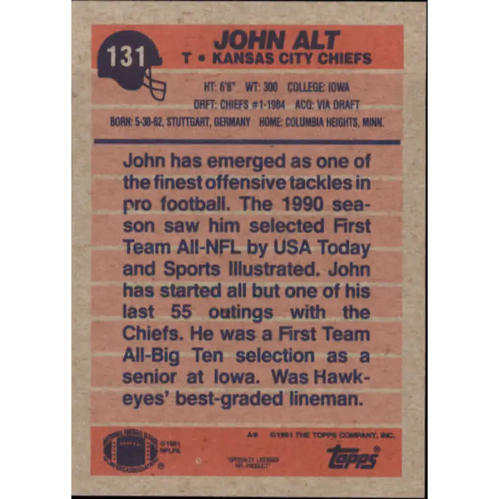 1991 Topps #131 John Alt NM-MT Kansas City Chiefs Football Card - Football Card Single
