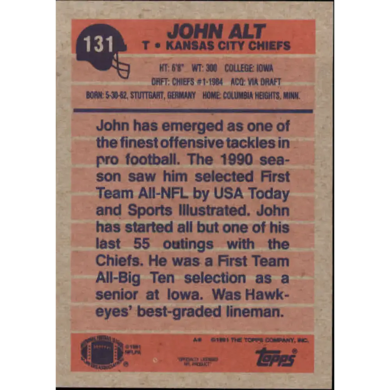1991 Topps #131 John Alt NM-MT Kansas City Chiefs Football Card - Football Card Single