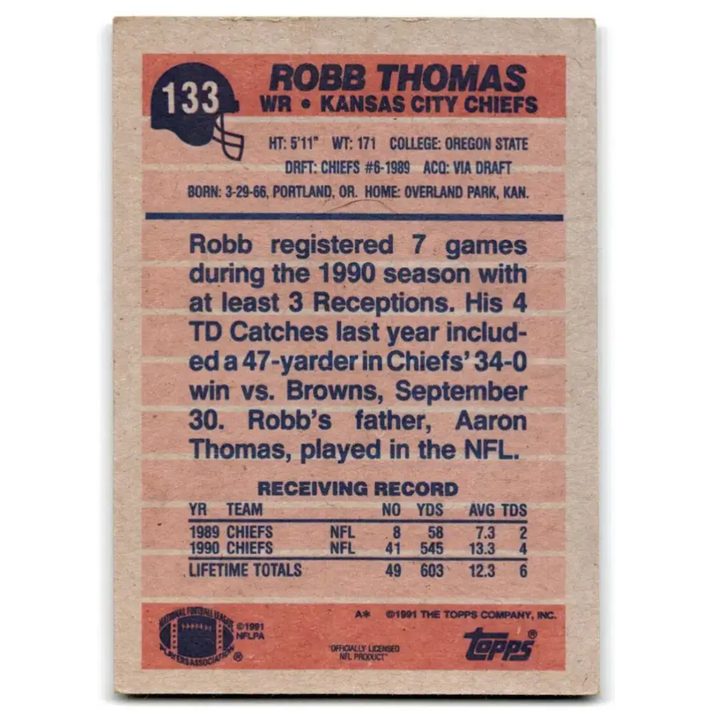 1991 Topps #133 Robb Thomas NM-MT Kansas City Chiefs Football Card - Football Card Single