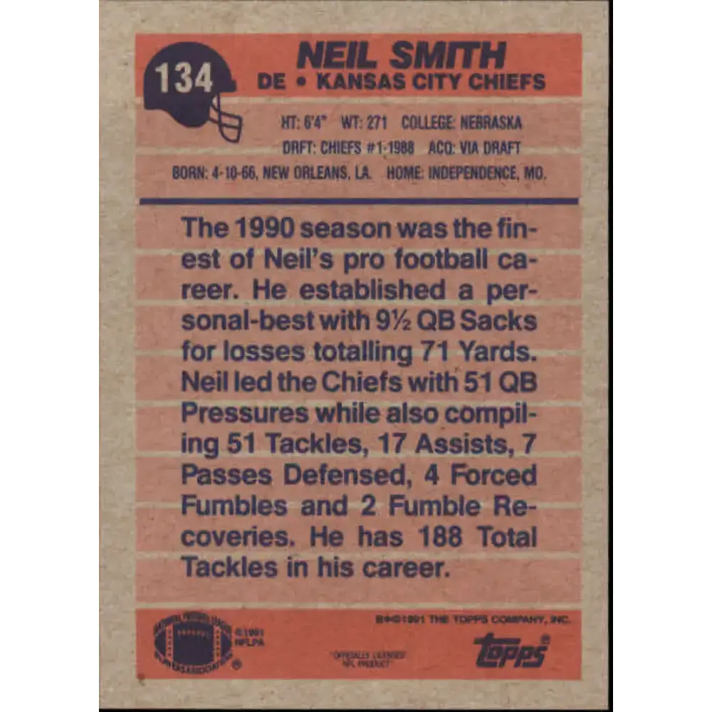 1991 Topps #134 Neil Smith NM-MT Kansas City Chiefs Football Card - Football Card Single