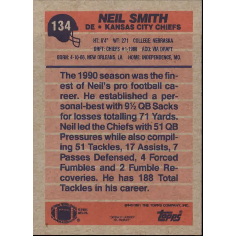 1991 Topps #134 Neil Smith NM-MT Kansas City Chiefs Football Card - Football Card Single