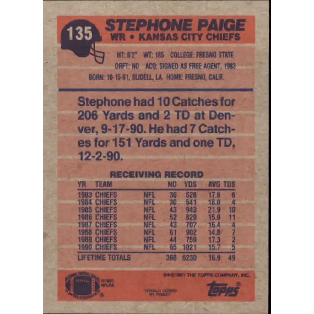 1991 Topps #135 Stephone Paige NM-MT Kansas City Chiefs Football Card - Football Card Single