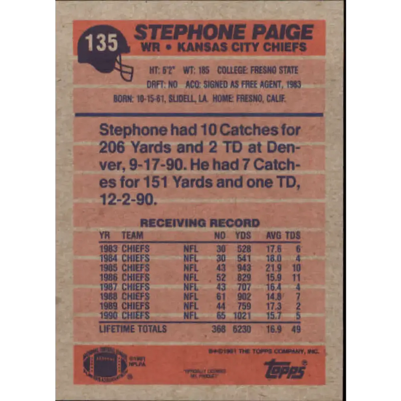 1991 Topps #135 Stephone Paige NM-MT Kansas City Chiefs Football Card - Football Card Single