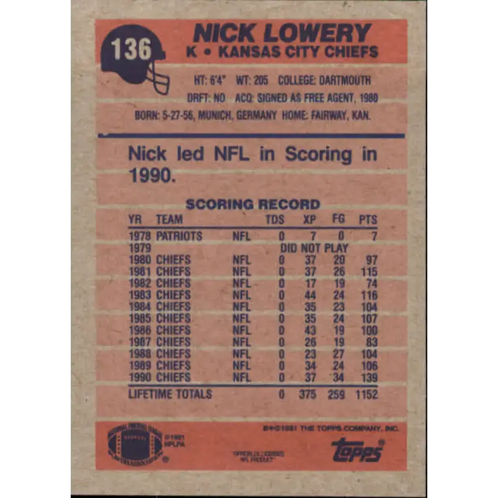 1991 Topps #136 Nick Lowery NM-MT Kansas City Chiefs Football Card - Football Card Single
