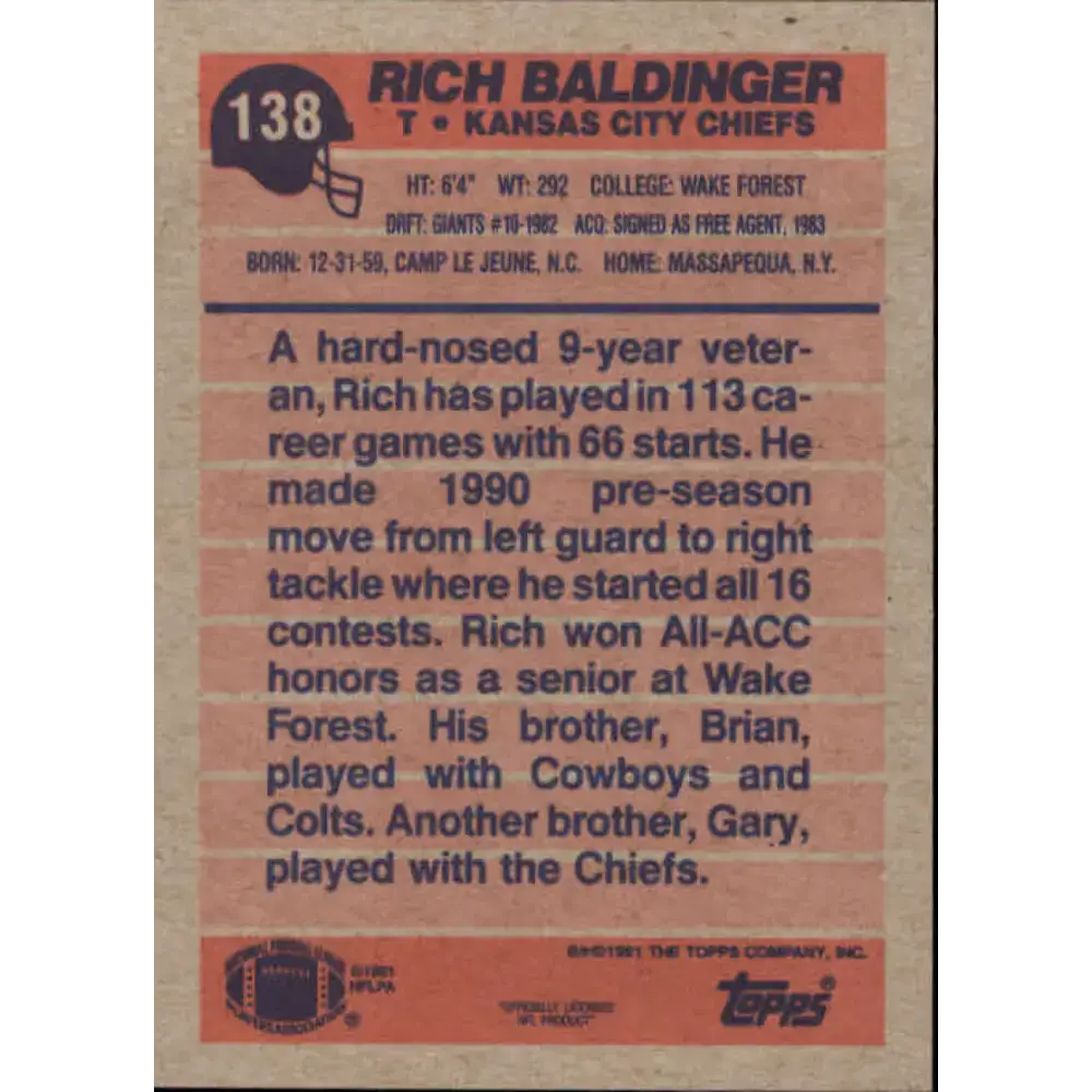 1991 Topps #138 Rich Baldinger NM-MT RC Rookie Kansas City Chiefs Football Card - Football Card Single