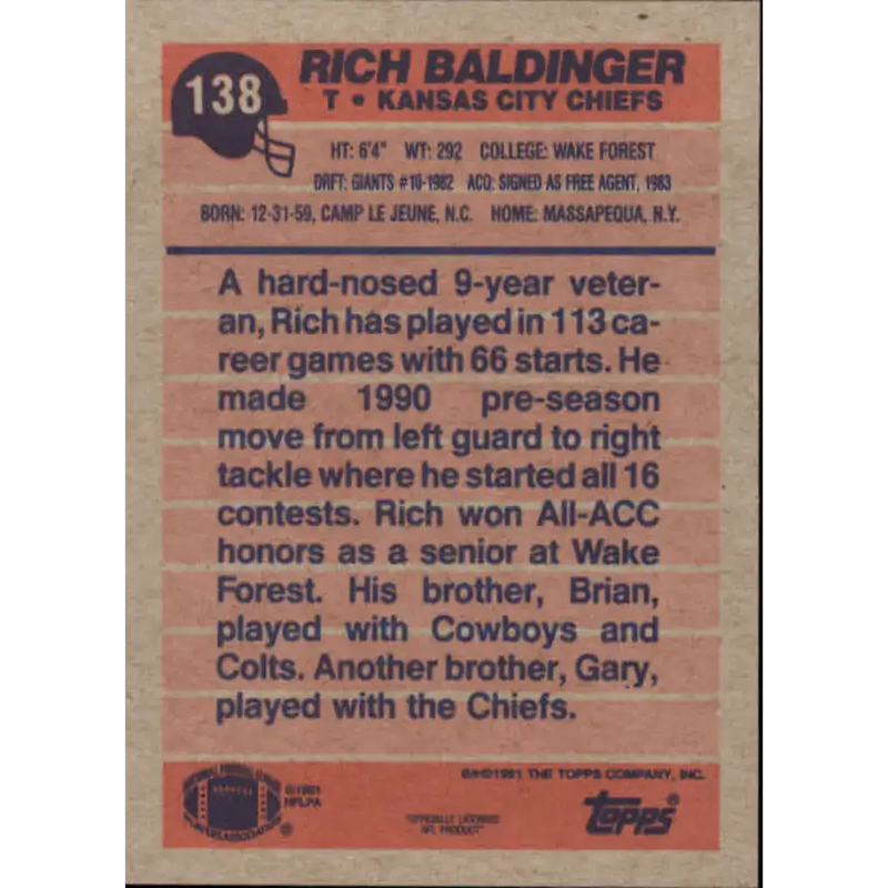 1991 Topps #138 Rich Baldinger NM-MT RC Rookie Kansas City Chiefs Football Card - Football Card Single