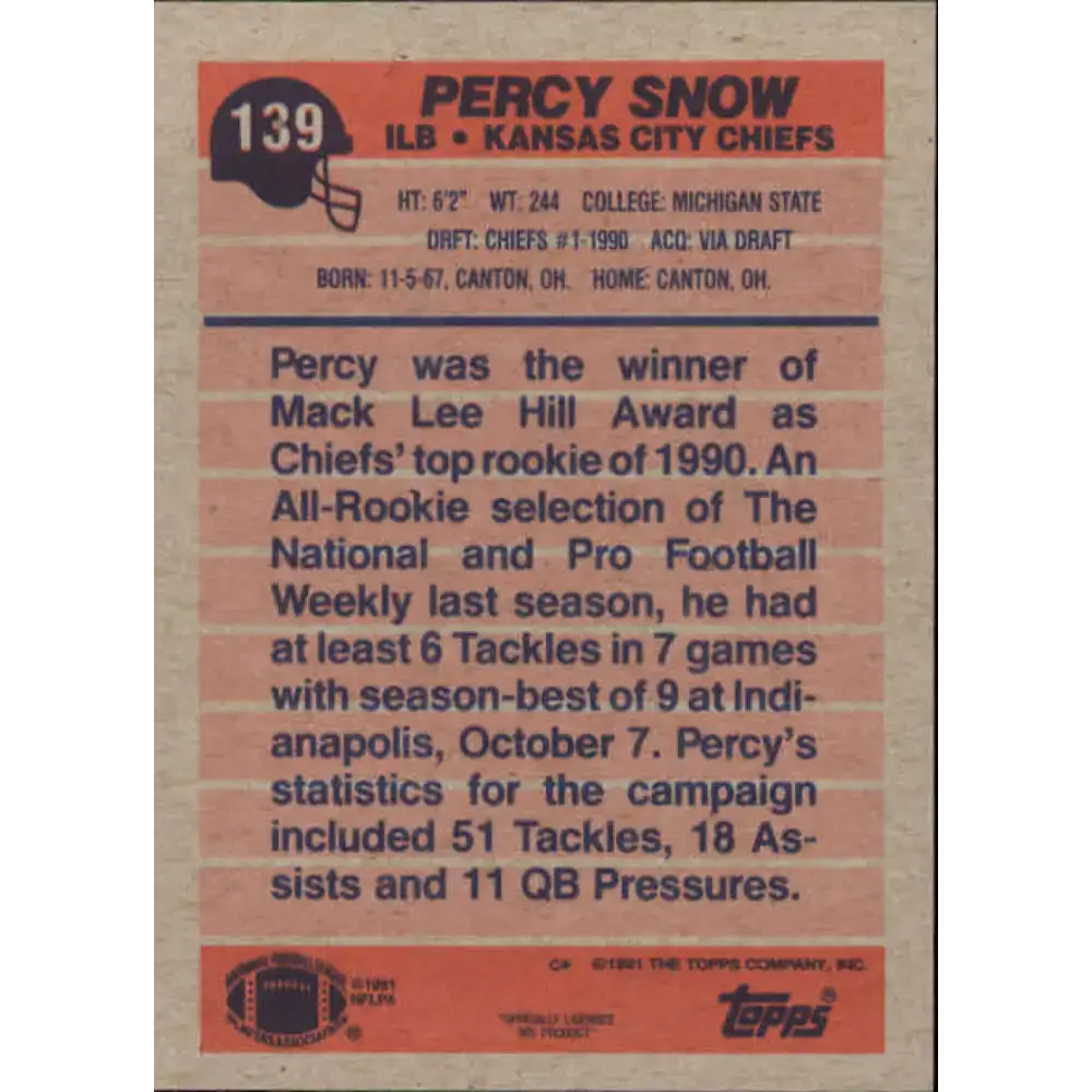 1991 Topps #139 Percy Snow NM-MT RC Rookie Kansas City Chiefs Football Card - Football Card Single