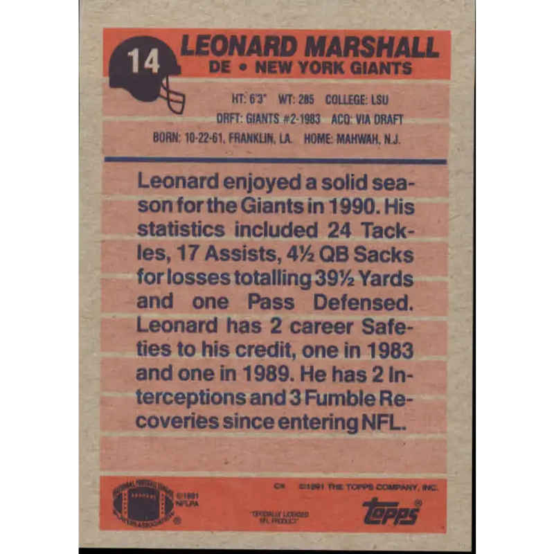 1991 Topps #14 Leonard Marshall NM-MT New York Giants Football Card - Football Card Single