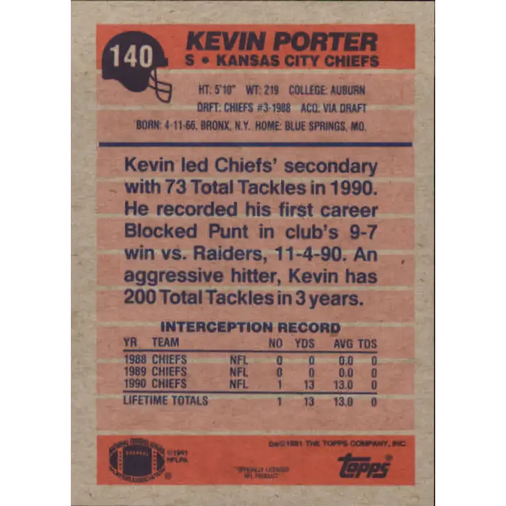1991 Topps #140 Kevin Porter NM-MT Kansas City Chiefs Football Card