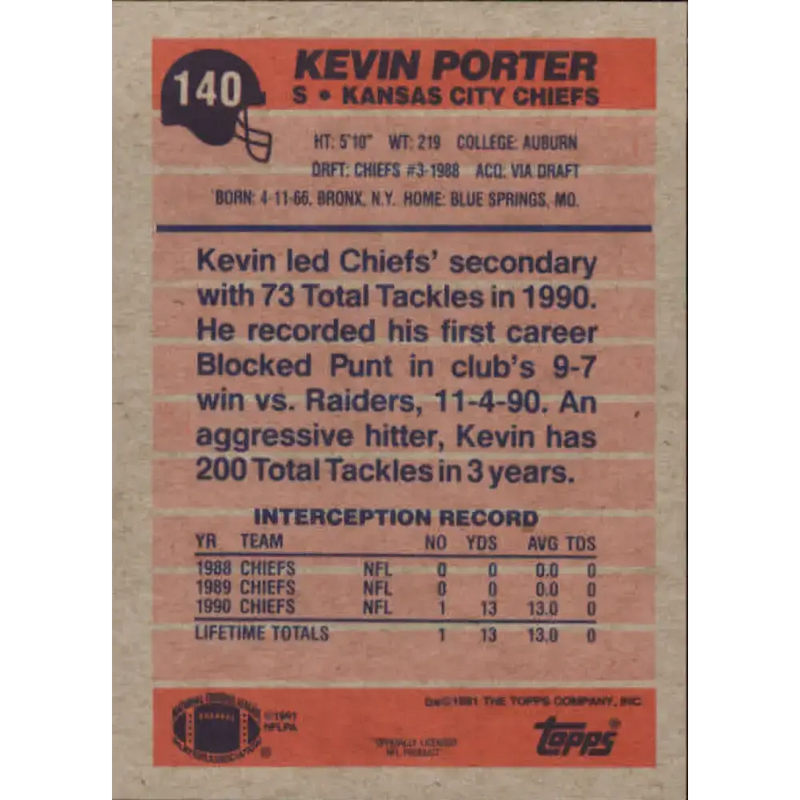 1991 Topps #140 Kevin Porter NM-MT Kansas City Chiefs Football Card