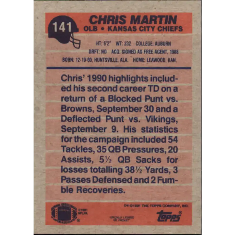 1991 Topps #141 Chris Martin NM-MT Kansas City Chiefs Football Card - Football Card Single