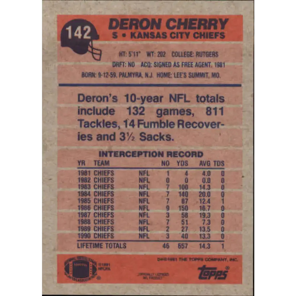 1991 Topps #142 Deron Cherry NM-MT Kansas City Chiefs Football Card - Football Card Single