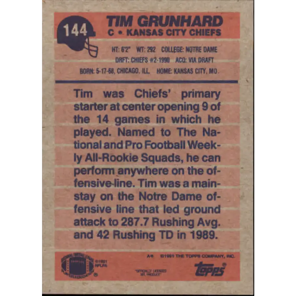 1991 Topps #144 Tim Grunhard NM-MT Kansas City Chiefs Football Card - Football Card Single