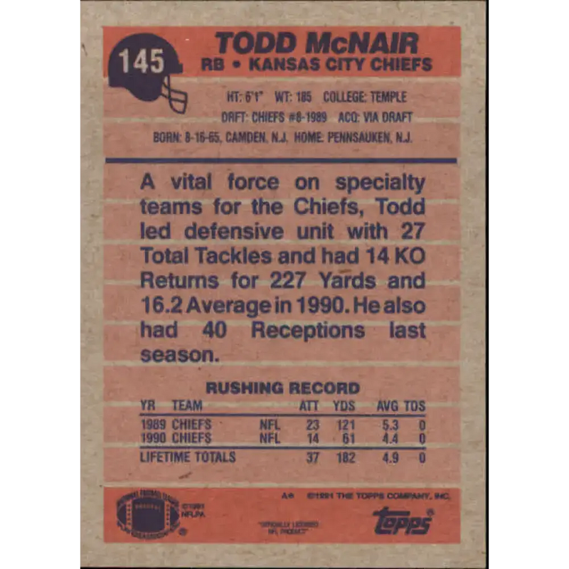 1991 Topps #145 Todd McNair NM-MT Kansas City Chiefs Football Card - Football Card Single