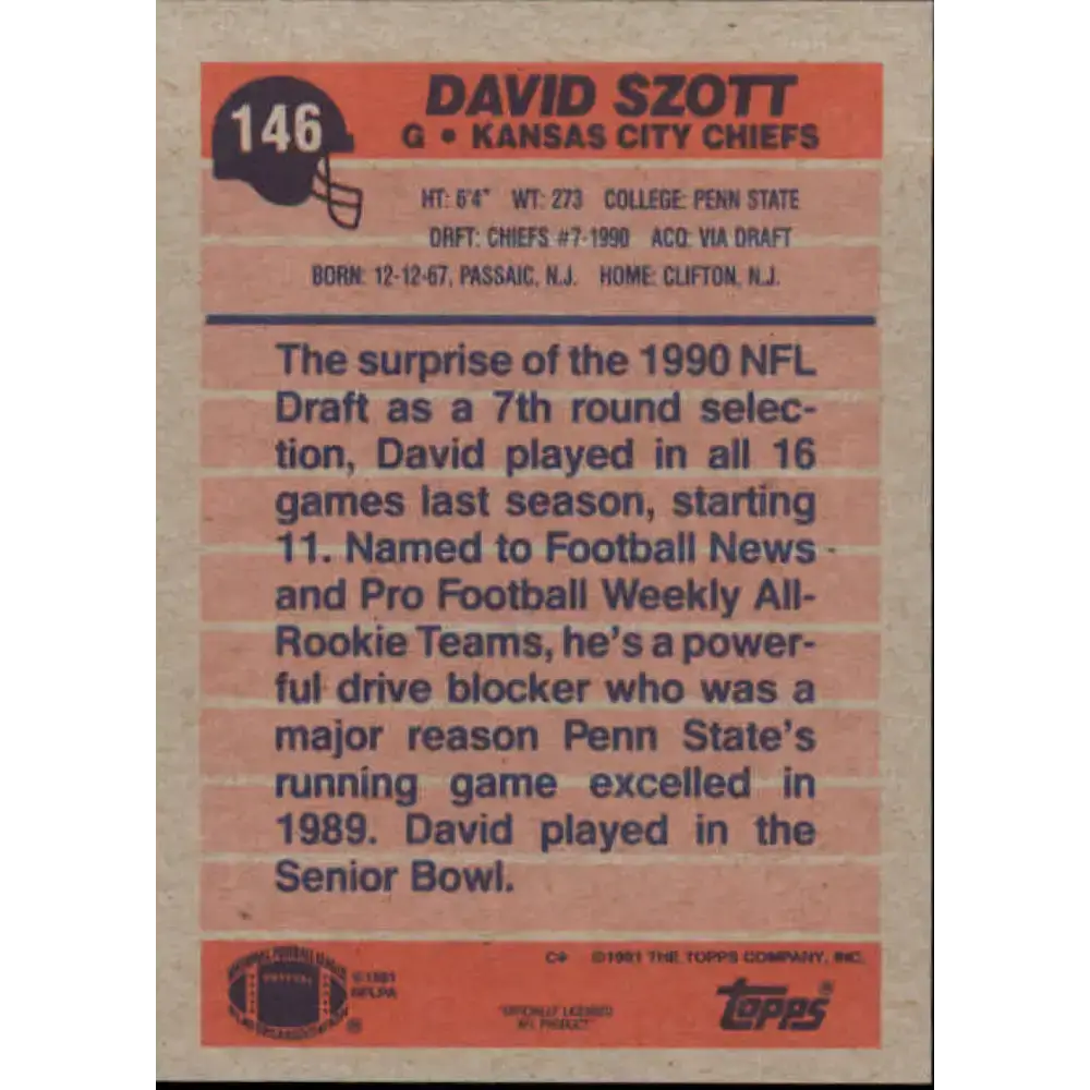1991 Topps #146 David Szott NM-MT RC Rookie Kansas City Chiefs Football Card - Football Card Single