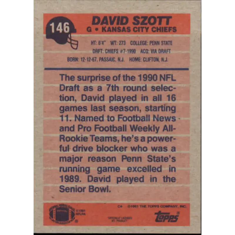 1991 Topps #146 David Szott NM-MT RC Rookie Kansas City Chiefs Football Card - Football Card Single