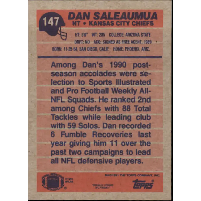 1991 Topps #147 Dan Saleaumua NM-MT Kansas City Chiefs Football Card - Football Card Single