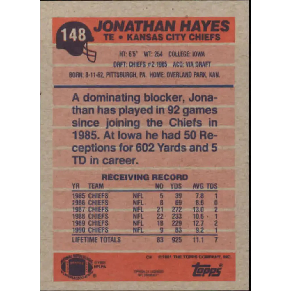 1991 Topps #148 Jonathan Hayes NM-MT Kansas City Chiefs Football Card - Football Card Single
