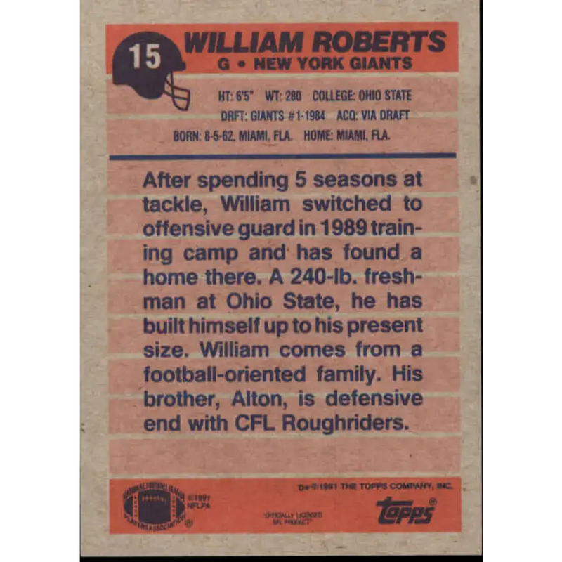 1991 Topps #15 William Roberts NM-MT New York Giants Football Card - Football Card Single
