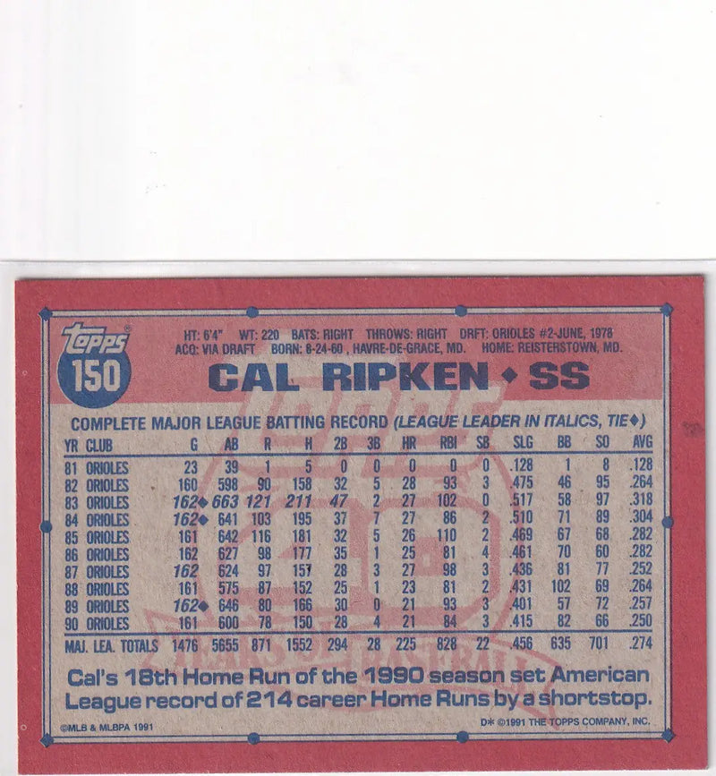 1991 TOPPS #150 CAL RIPKEN JR 40 YEARS OF BASEBALL- BALTIMORE ORIOLES