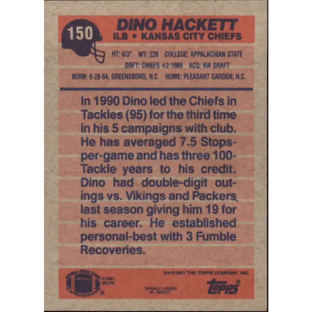 1991 Topps #150 Dino Hackett NM-MT Kansas City Chiefs Football Card - Football Card Single