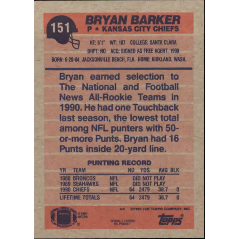 1991 Topps #151 Bryan Barker NM-MT RC Rookie Kansas City Chiefs Football Card - Football Card Single