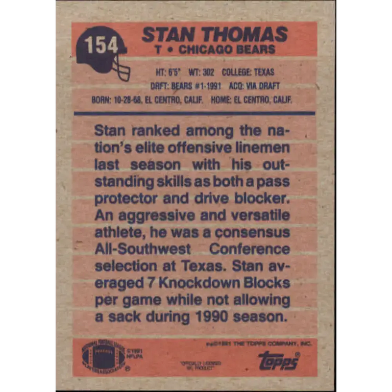 1991 Topps #154 Stan Thomas NM-MT RC Rookie Chicago Bears Football Card - Football Card Single