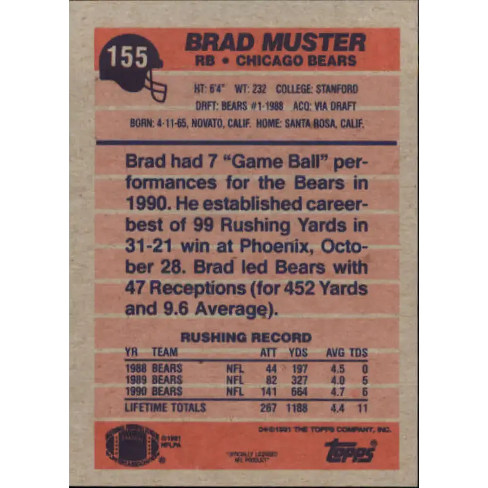 1991 Topps #155 Brad Muster NM-MT Chicago Bears Football Card - Football Card Single