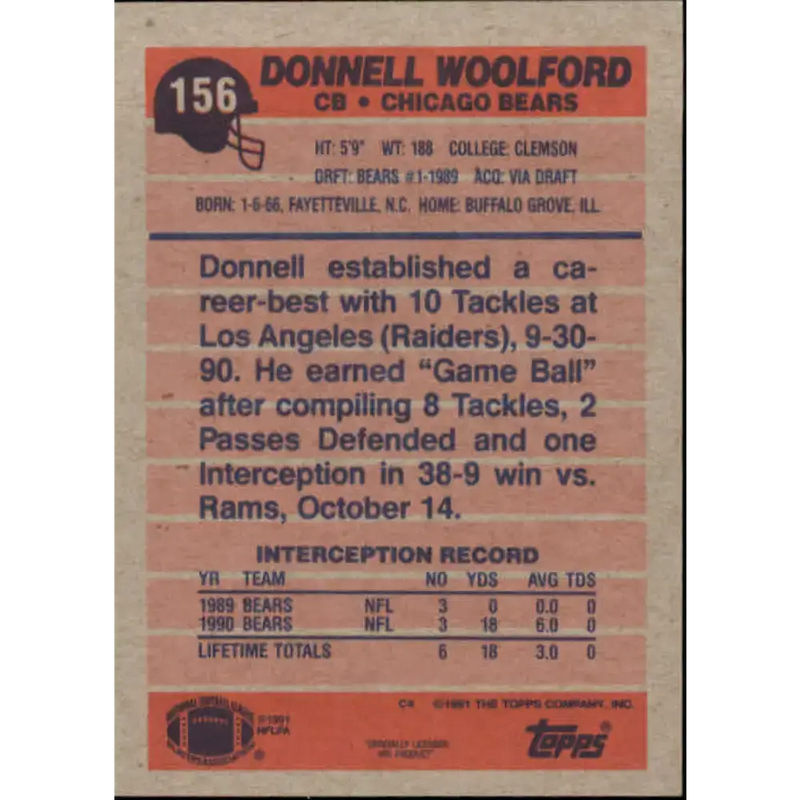 1991 Topps #156 Donnell Woolford NM-MT Chicago Bears Football Card - Football Card Single