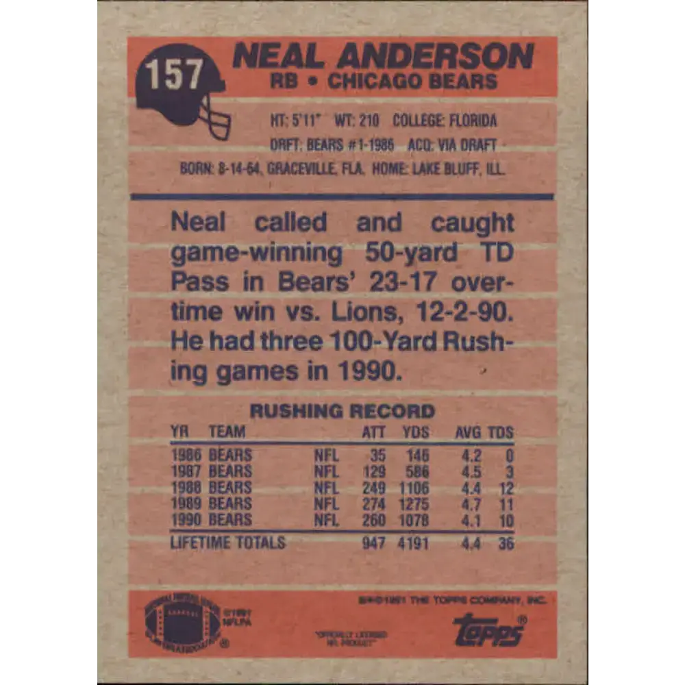 1991 Topps #157 Neal Anderson NM-MT Chicago Bears Football Card - Football Card Single