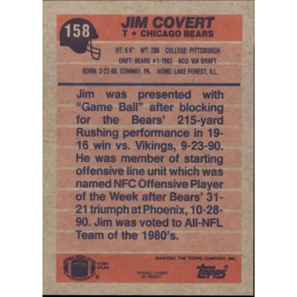 1991 Topps #158 Jim Covert NM-MT Chicago Bears Football Card - Football Card Single