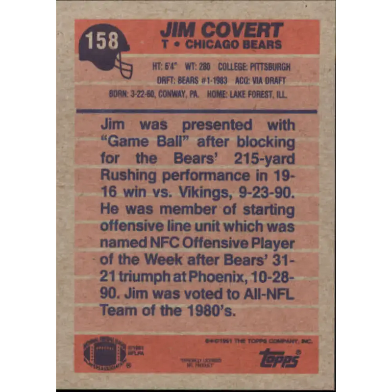 1991 Topps #158 Jim Covert NM-MT Chicago Bears Football Card - Football Card Single