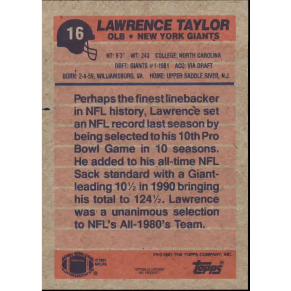 1991 Topps #16 Lawrence Taylor NM-MT New York Giants Football Card - Football Card Single