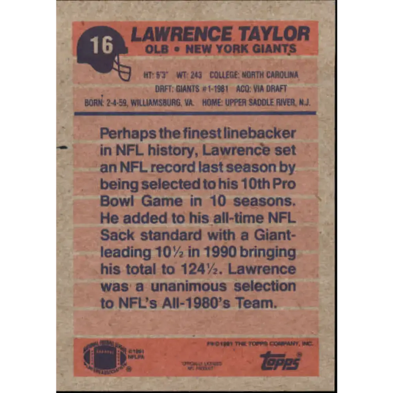 1991 Topps #16 Lawrence Taylor NM-MT New York Giants Football Card - Football Card Single
