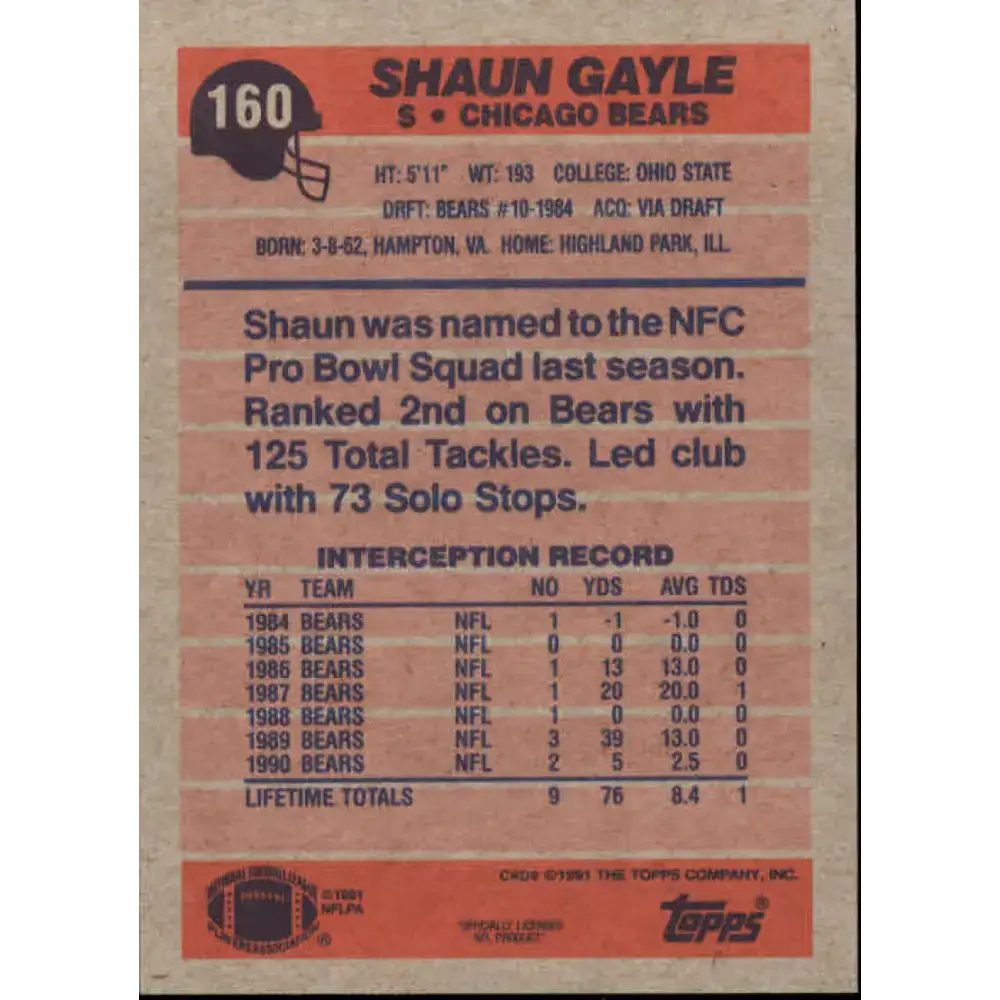 1991 Topps #160 Shaun Gayle NM-MT Chicago Bears Football Card - Football Card Single