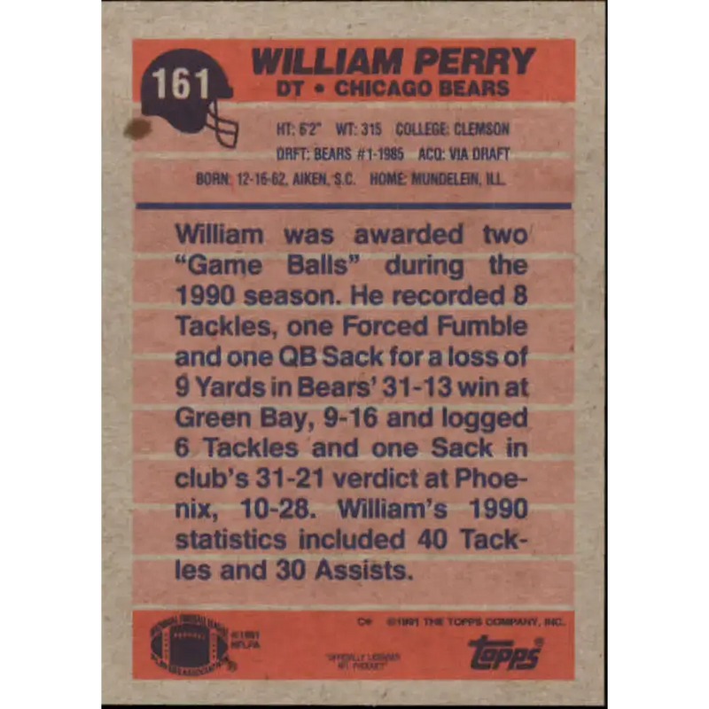 1991 Topps #161 William Perry NM-MT Chicago Bears Football Card - Football Card Single