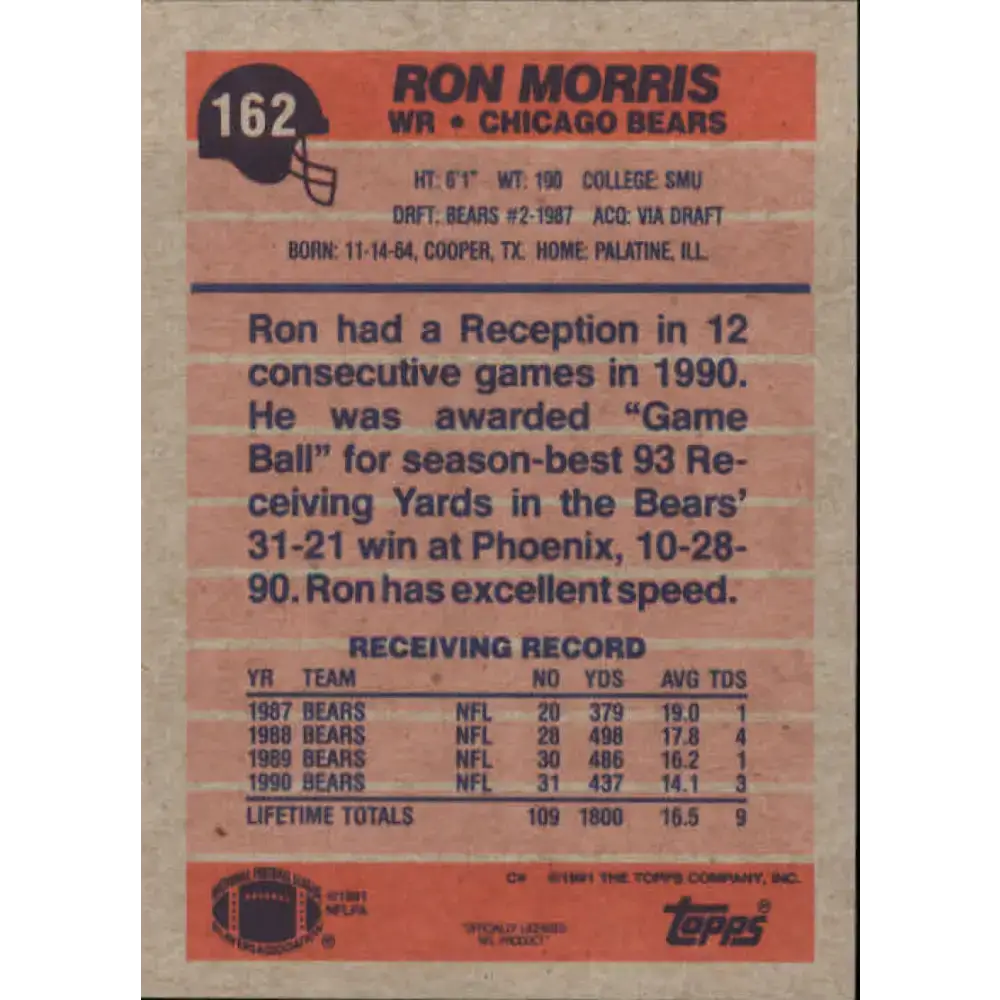 1991 Topps #162 Ron Morris NM-MT Chicago Bears Football Card - Football Card Single