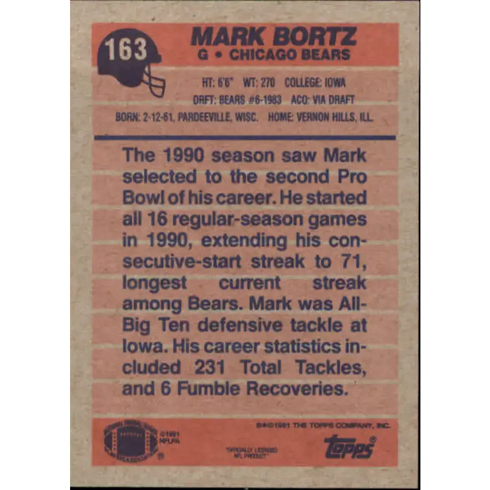 1991 Topps #163 Mark Bortz NM-MT Chicago Bears Football Card - Football Card Single